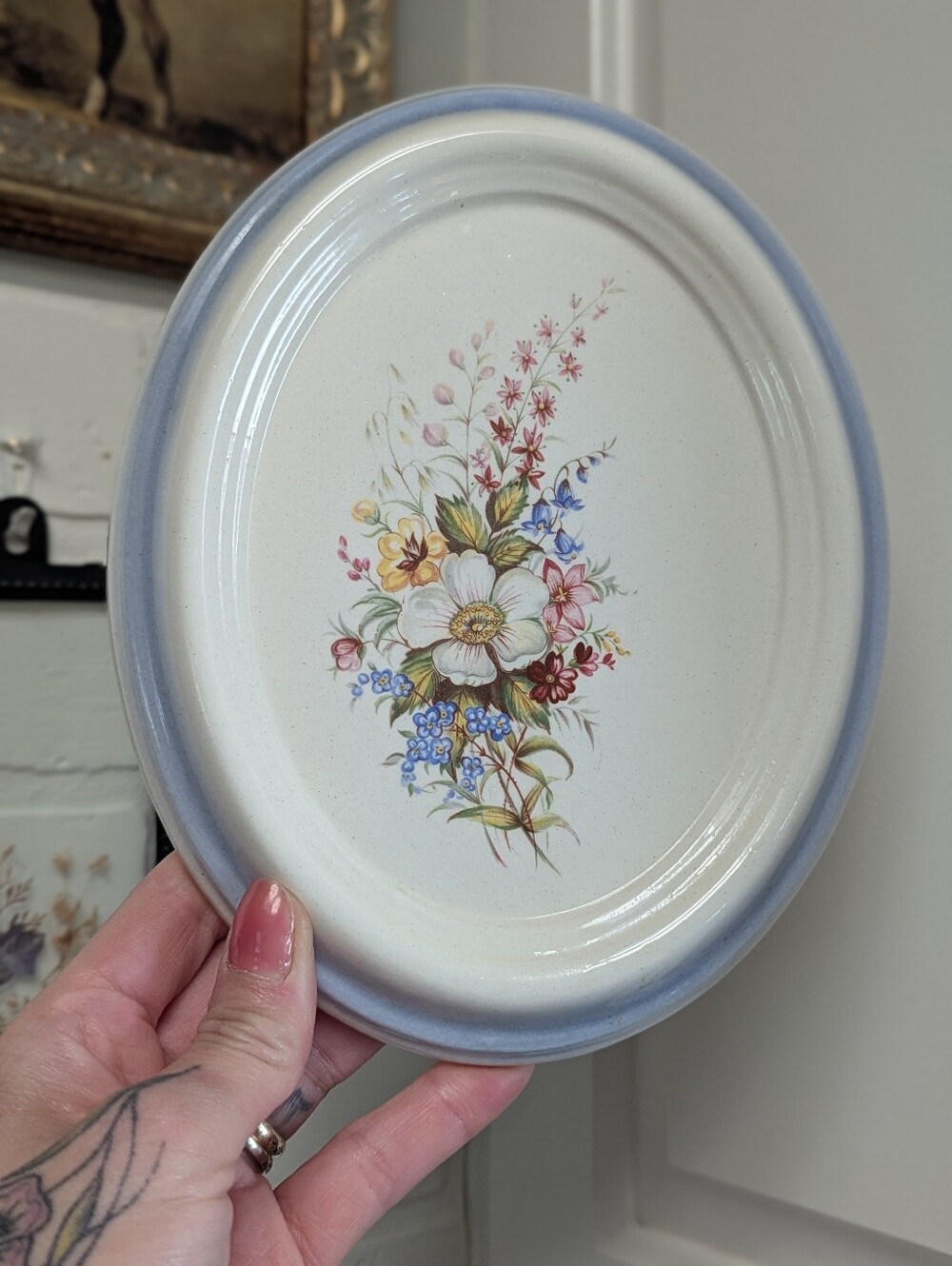 🩵VTG 70s Cottagecore Wildflower Bouquet Motif Ceramic Forget- Me-Nots Wall Art
